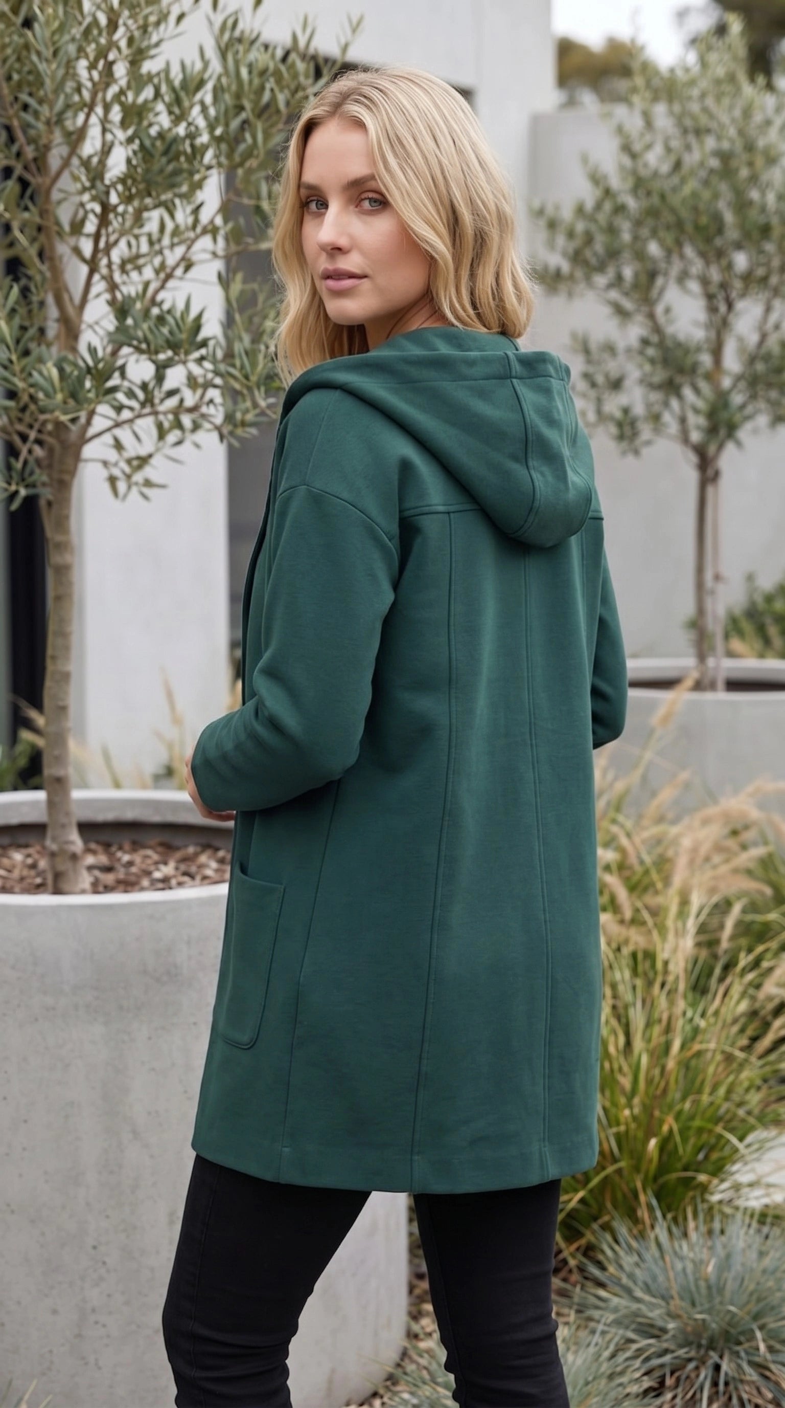 Hooded Button Front Mid Length Coat with Pockets