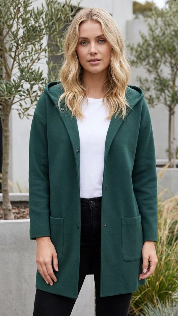 Hooded Button Front Mid Length Coat with Pockets