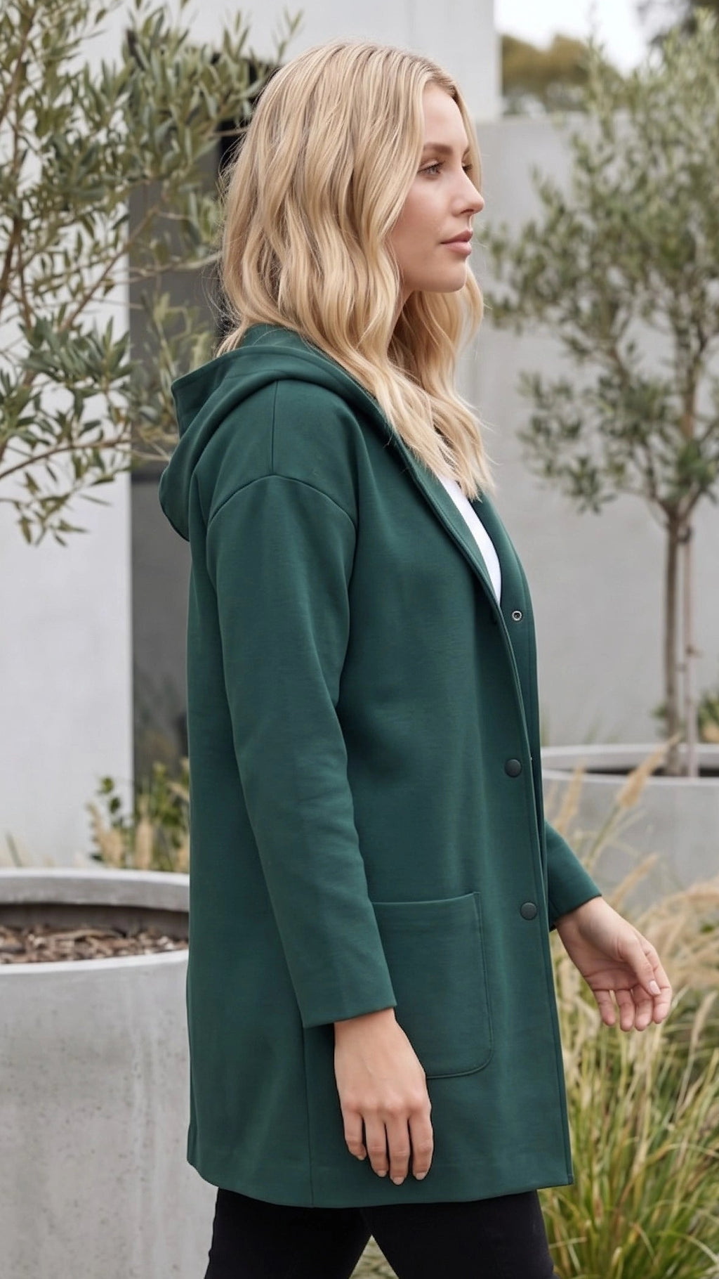 Hooded Button Front Mid Length Coat with Pockets
