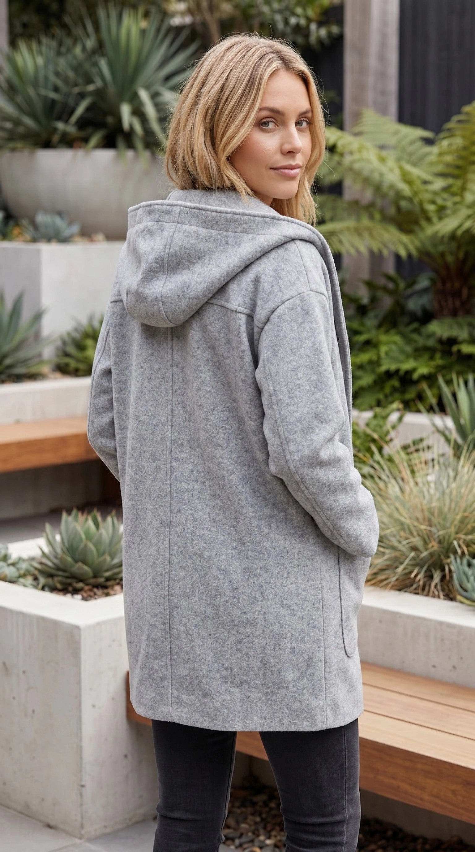 Hooded Button Front Mid Length Coat with Pockets