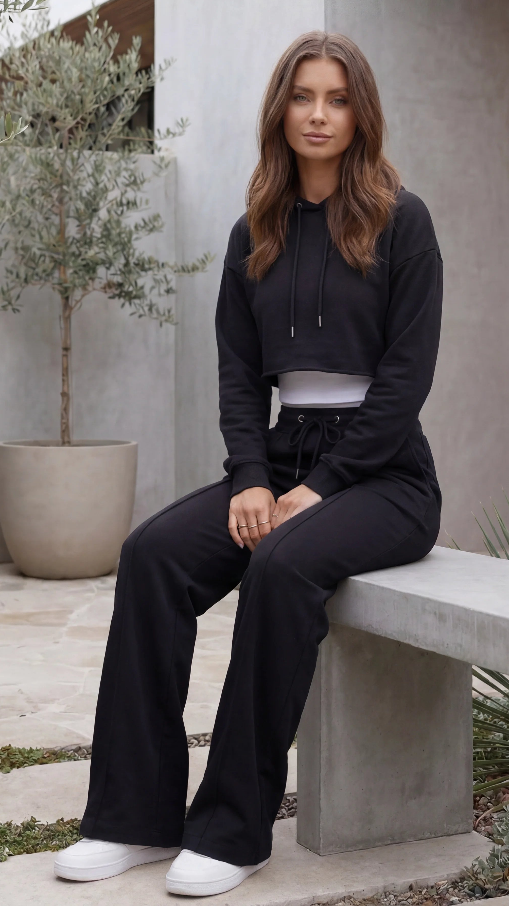 Hooded Cropped Hoodie and Wide Leg Trouser Lounge Co-Ord Set