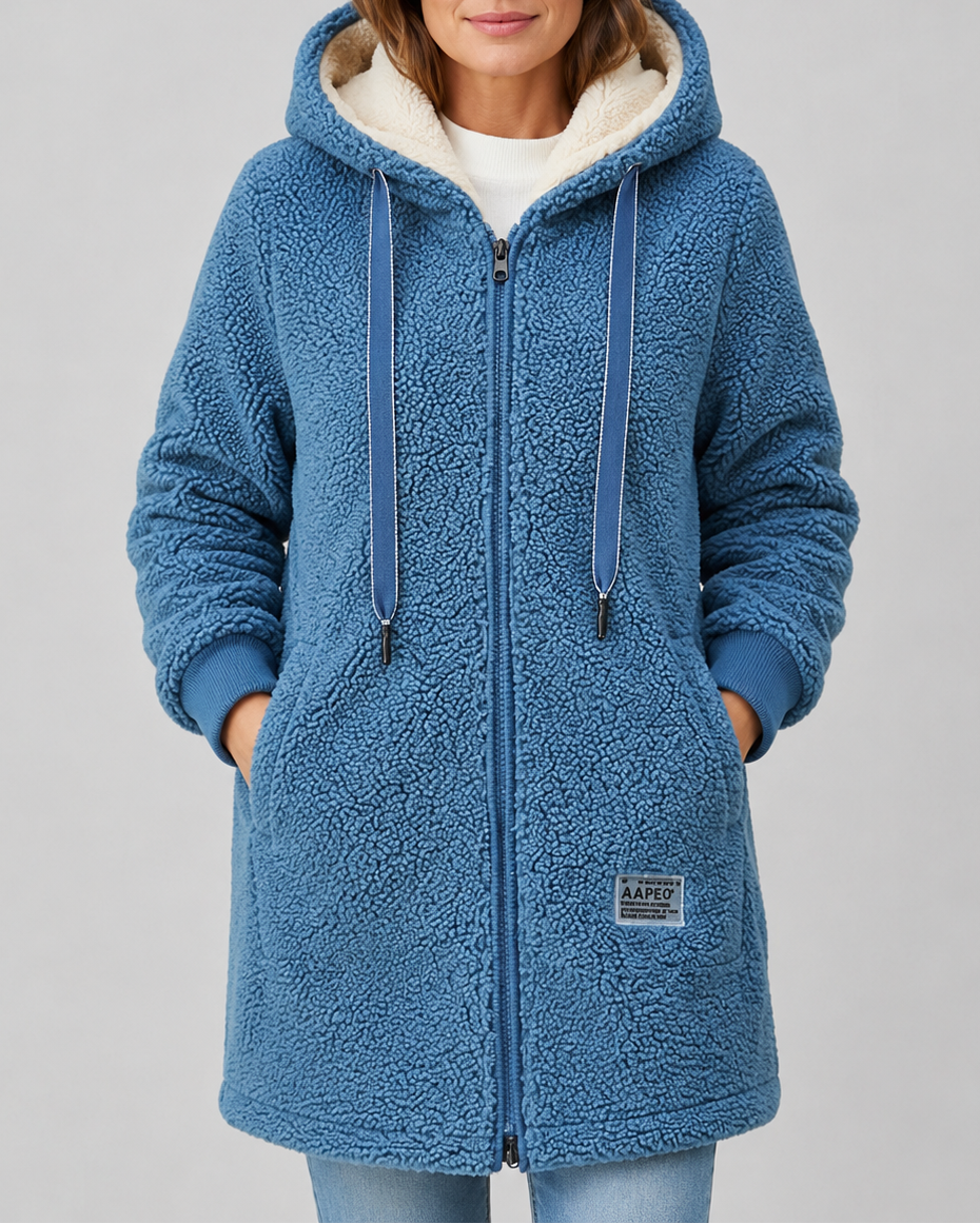 Women's Long Teddy Fleece Jacket with Hood and Zip Front