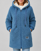 Women's Long Teddy Fleece Jacket with Hood and Zip Front