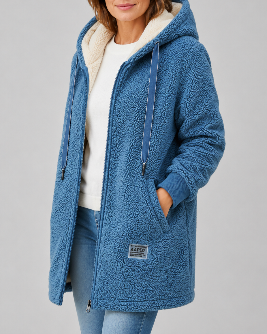 Women's Long Teddy Fleece Jacket with Hood and Zip Front