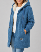 Women's Long Teddy Fleece Jacket with Hood and Zip Front