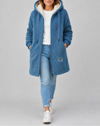 Women's Long Teddy Fleece Jacket with Hood and Zip Front