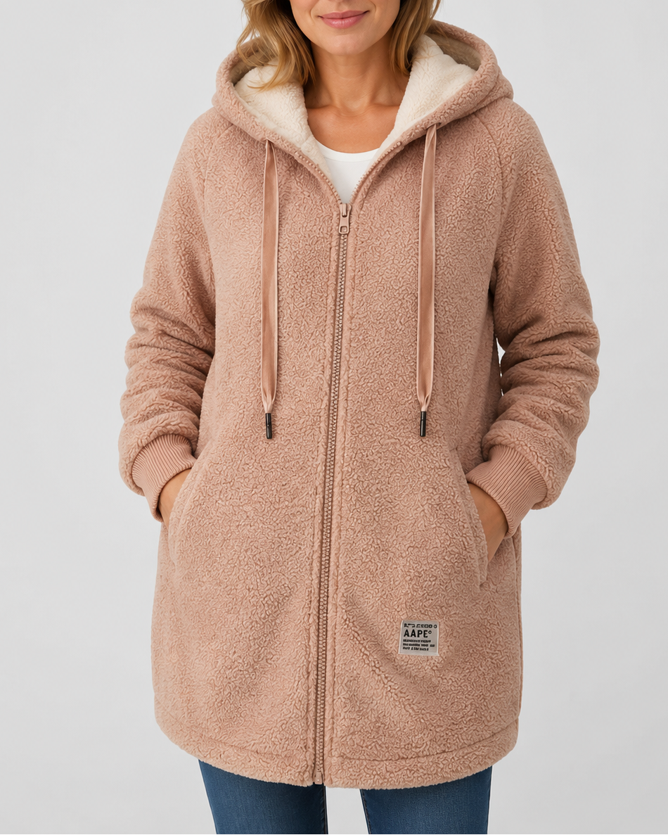 Women's Long Teddy Fleece Jacket with Hood and Zip Front