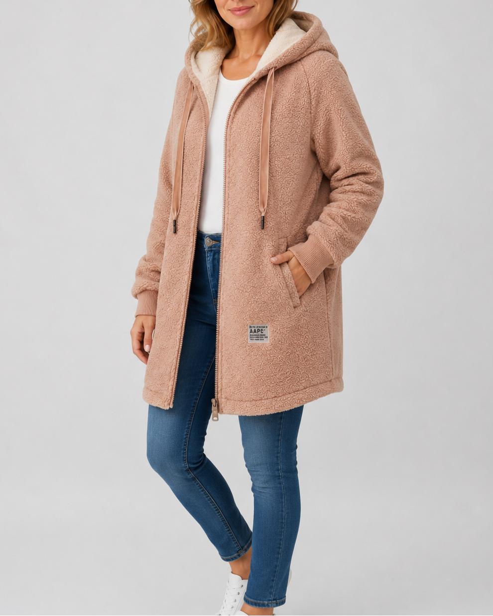 Women's Long Teddy Fleece Jacket with Hood and Zip Front