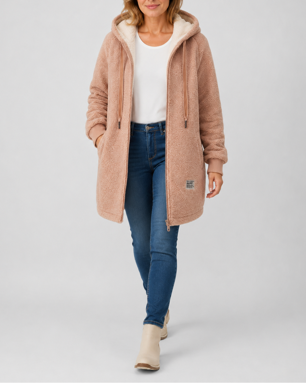Women's Long Teddy Fleece Jacket with Hood and Zip Front