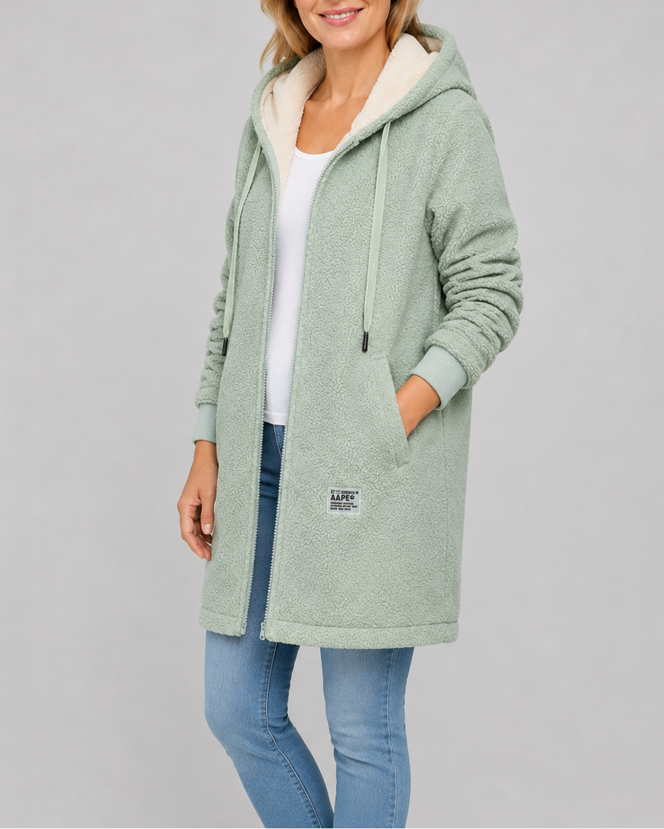 Women's Long Teddy Fleece Jacket with Hood and Zip Front