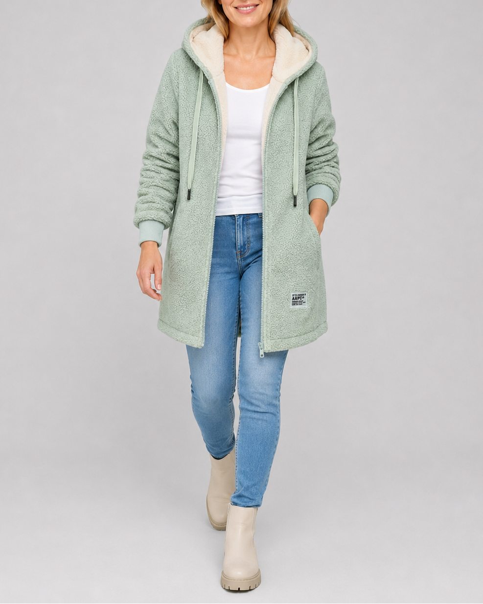 Women's Long Teddy Fleece Jacket with Hood and Zip Front