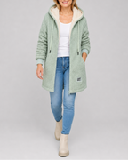 Women's Long Teddy Fleece Jacket with Hood and Zip Front