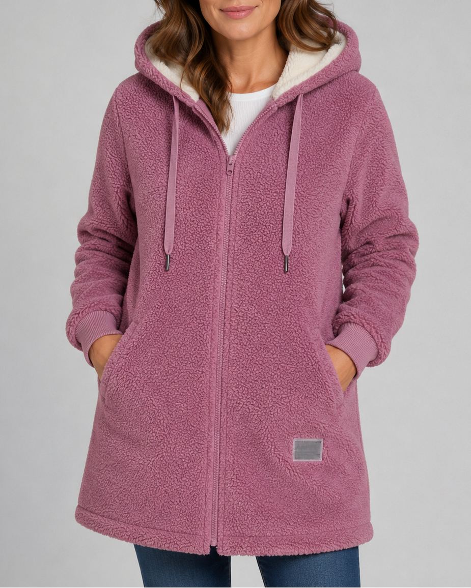 Women's Long Teddy Fleece Jacket with Hood and Zip Front