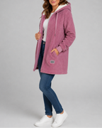 Women's Long Teddy Fleece Jacket with Hood and Zip Front