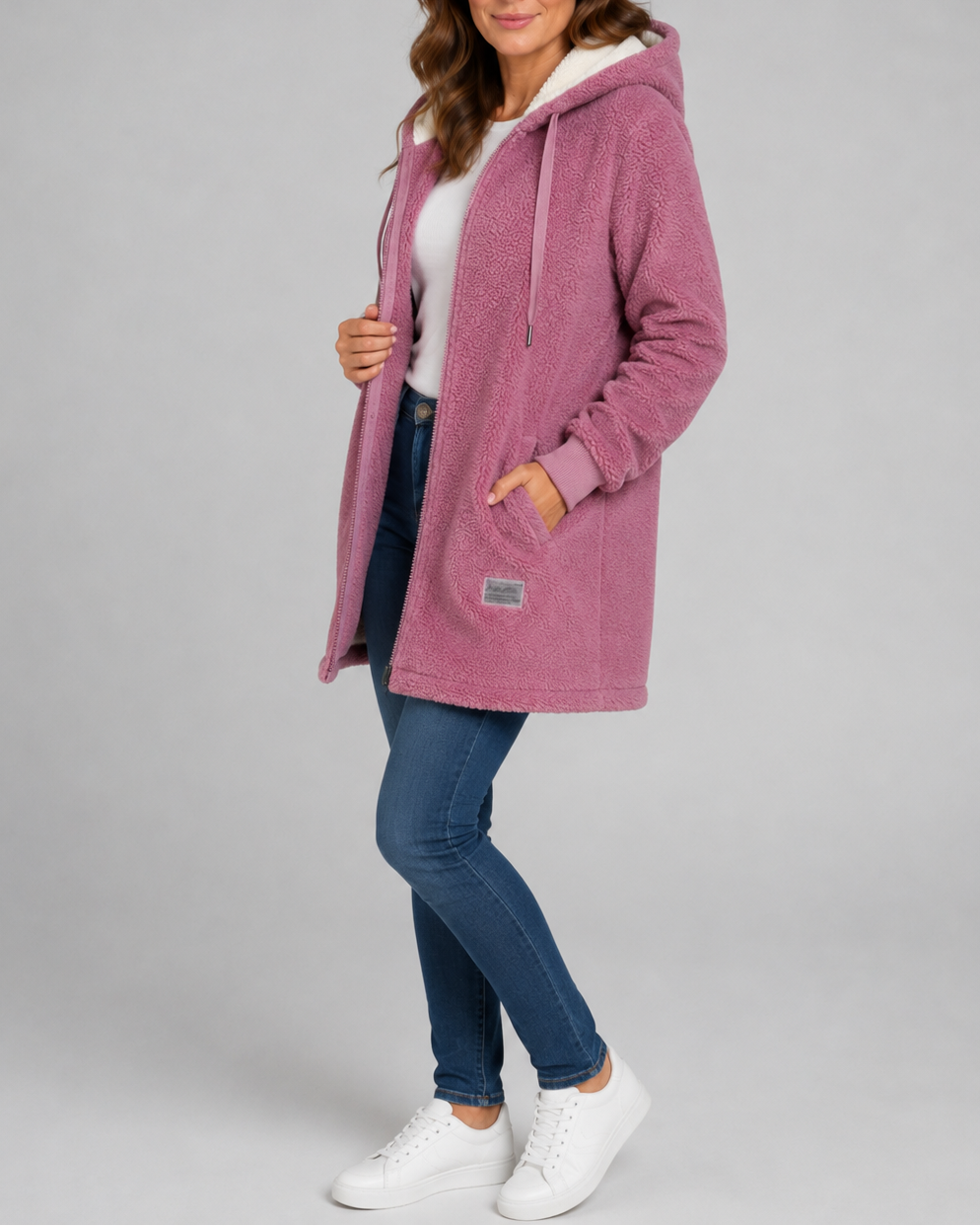 Women's Long Teddy Fleece Jacket with Hood and Zip Front