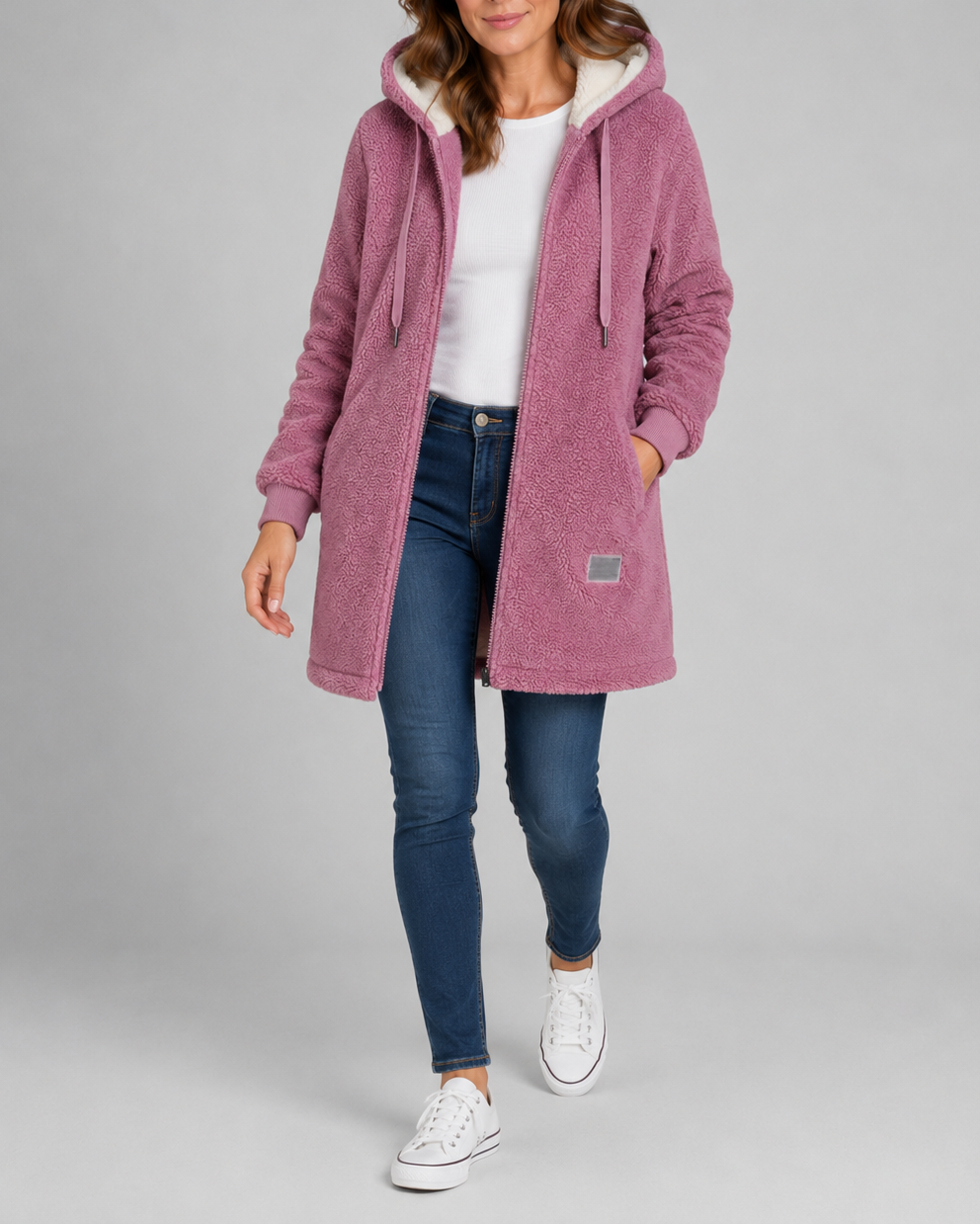 Women's Long Teddy Fleece Jacket with Hood and Zip Front