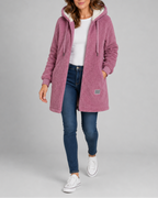 Women's Long Teddy Fleece Jacket with Hood and Zip Front