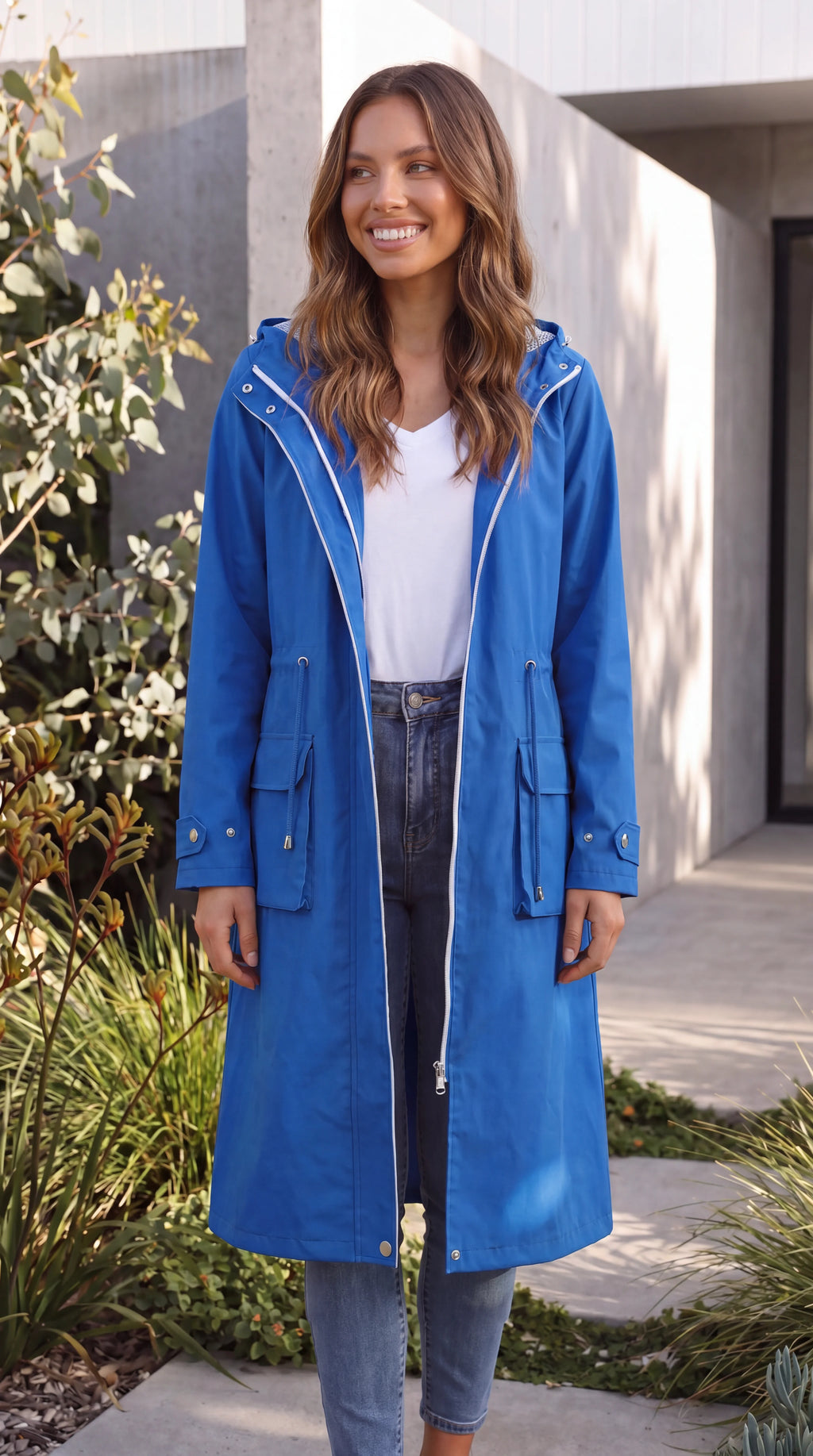 Women's Hooded Zip Up Long Rain Jacket