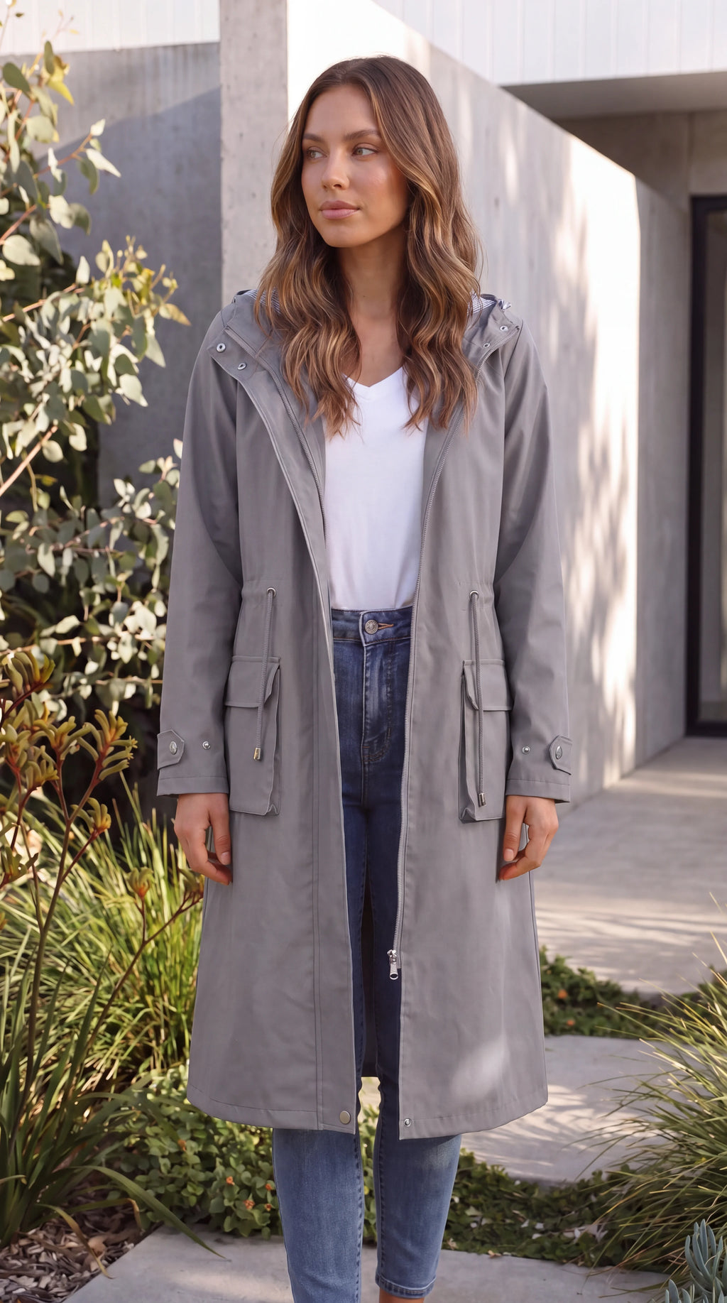Women's Hooded Zip Up Long Rain Jacket