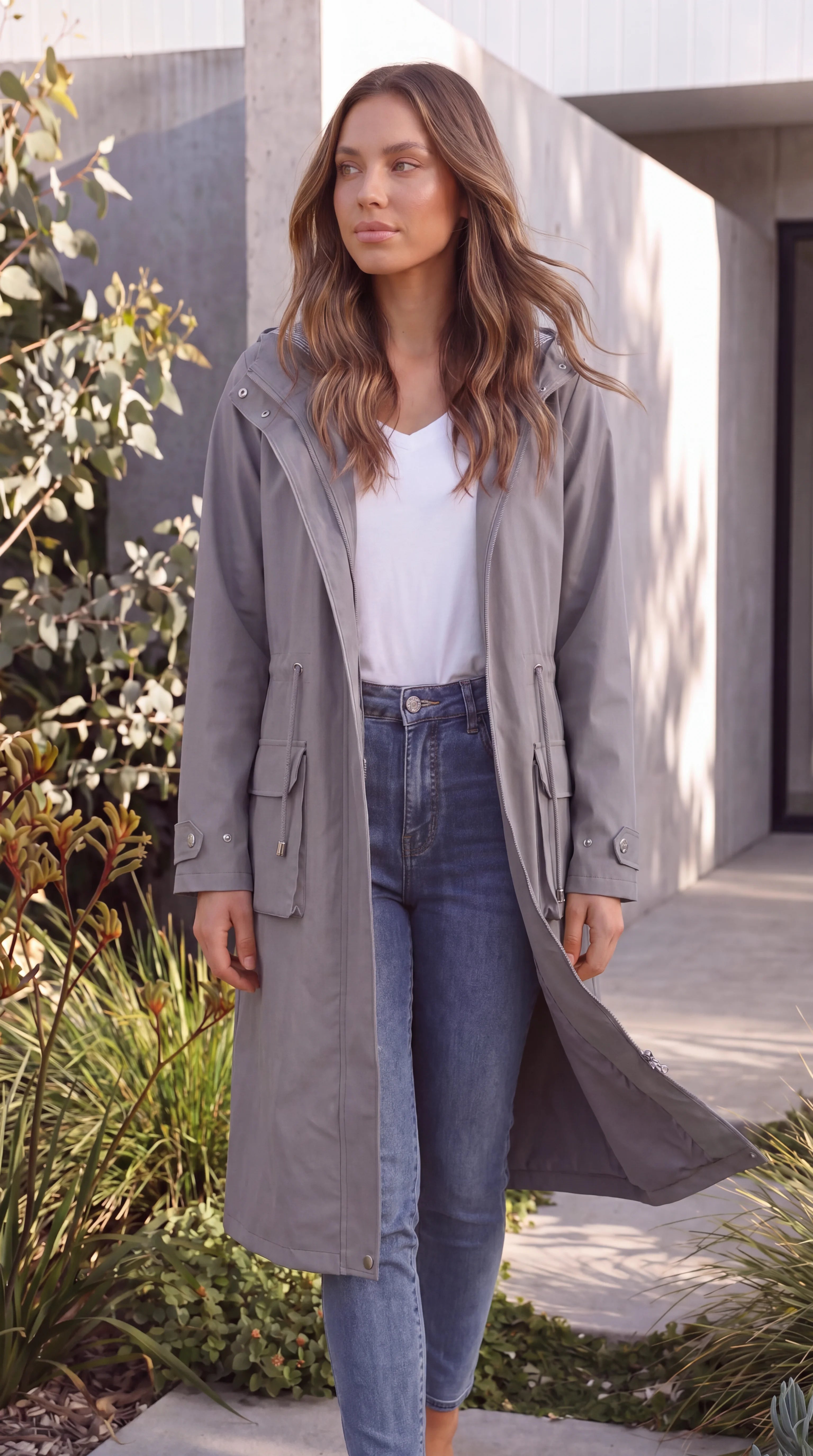 Women's Hooded Zip Up Long Rain Jacket
