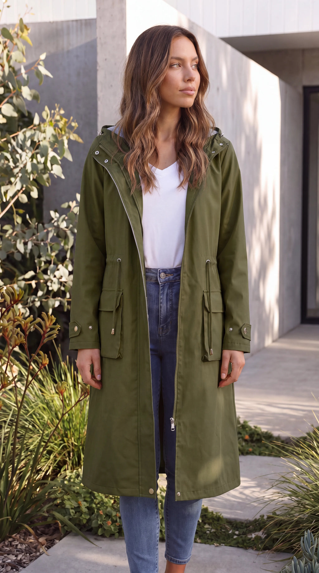 Women's Hooded Zip Up Long Rain Jacket