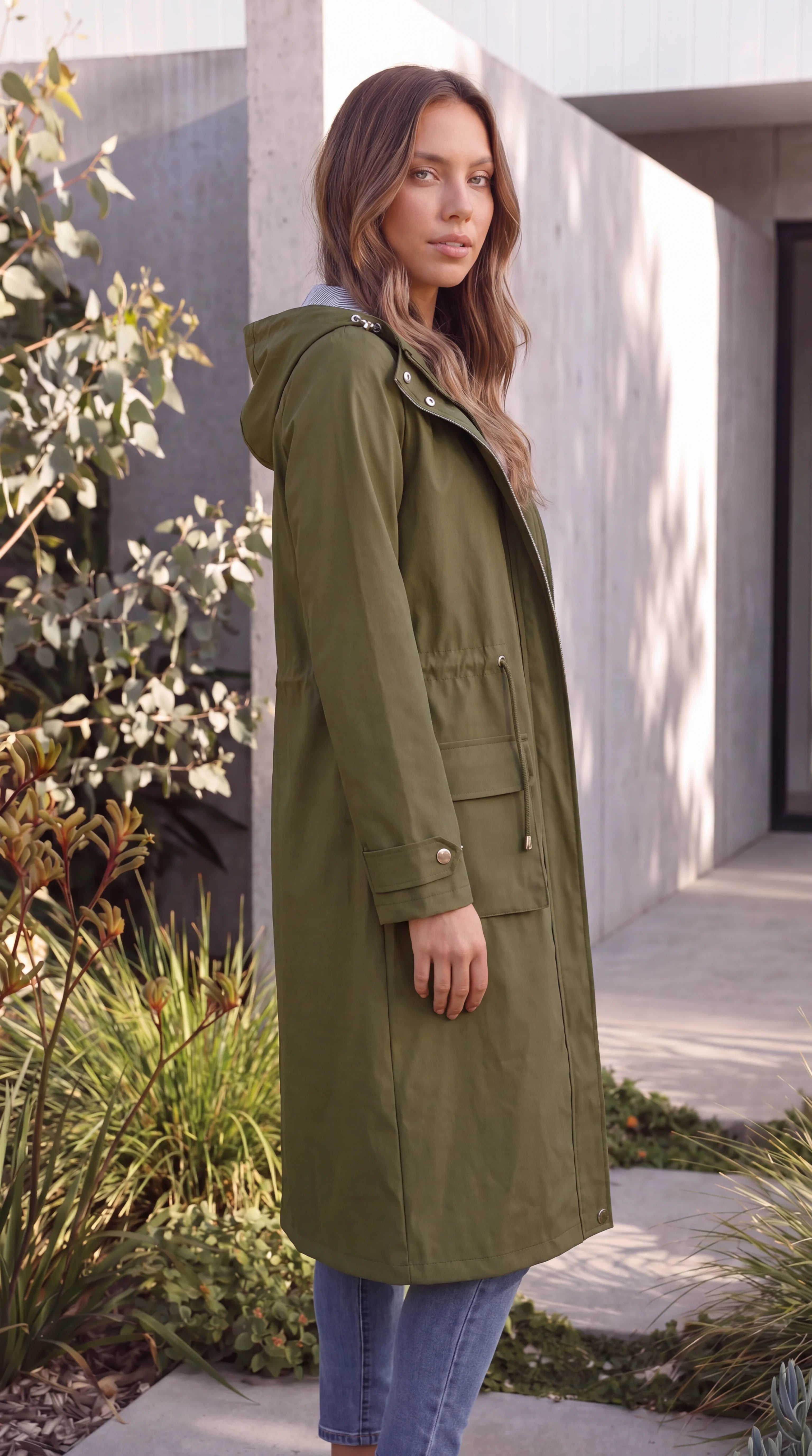 Women's Hooded Zip Up Long Rain Jacket