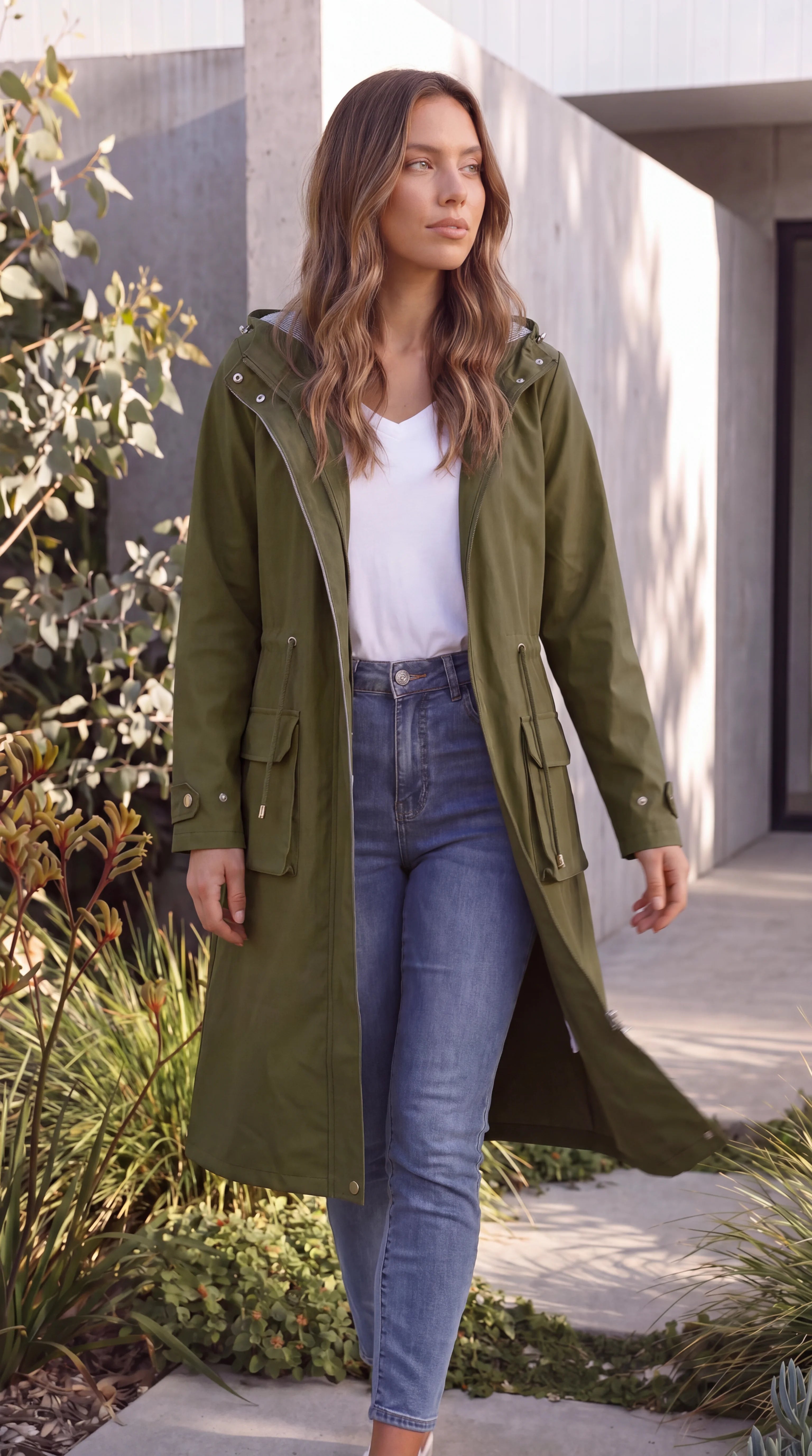 Women's Hooded Zip Up Long Rain Jacket