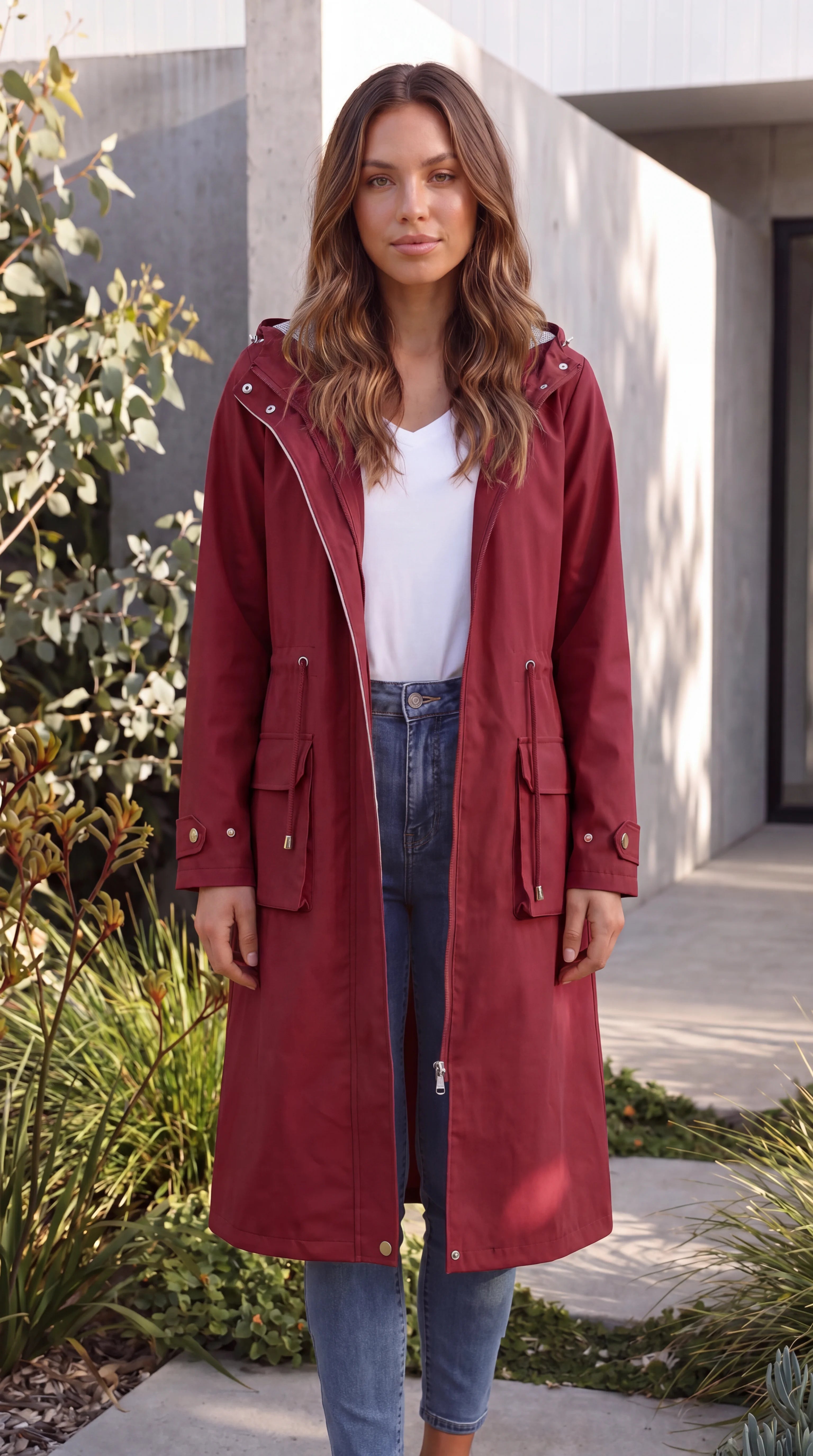 Women's Hooded Zip Up Long Rain Jacket
