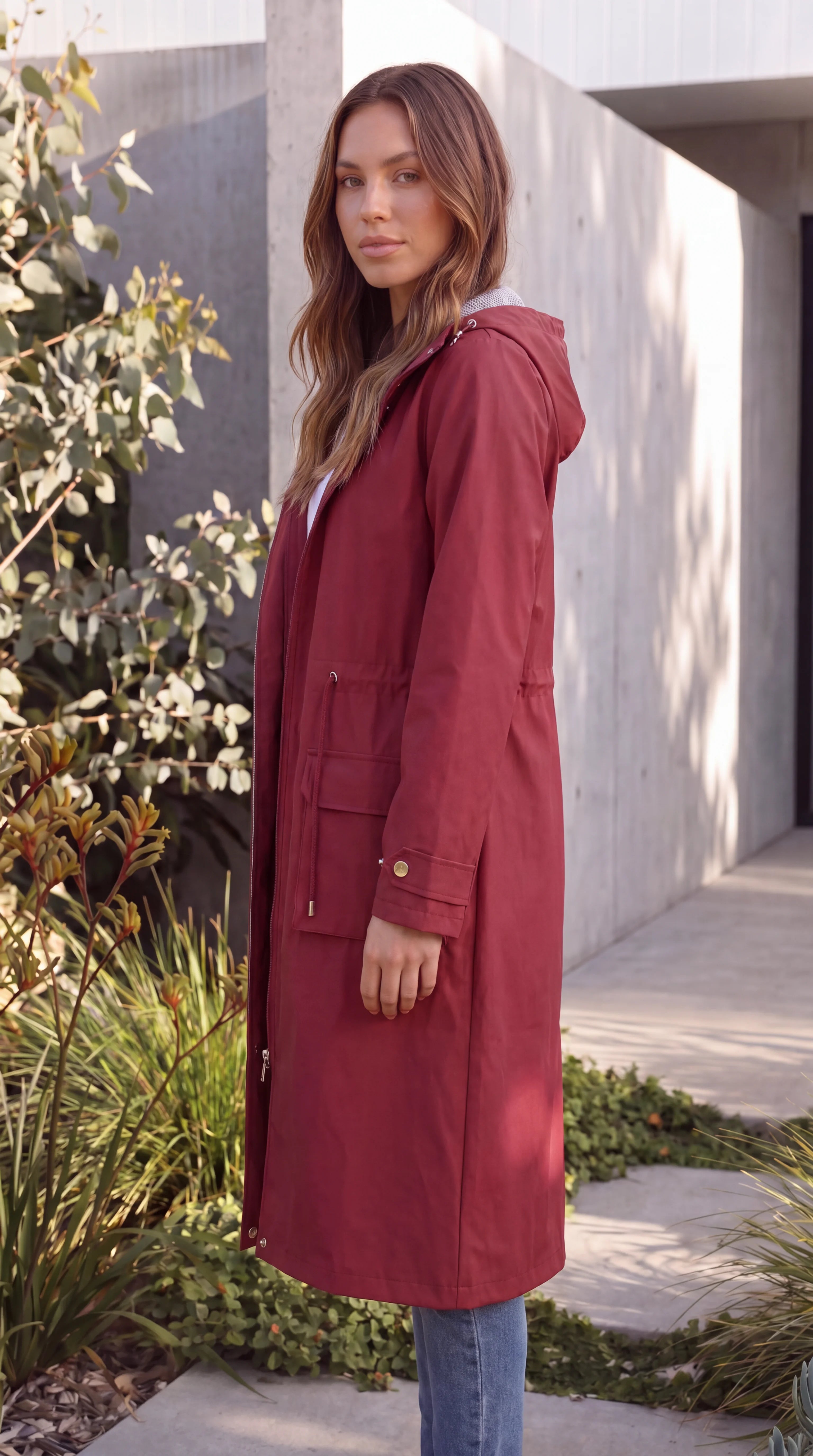 Women's Hooded Zip Up Long Rain Jacket
