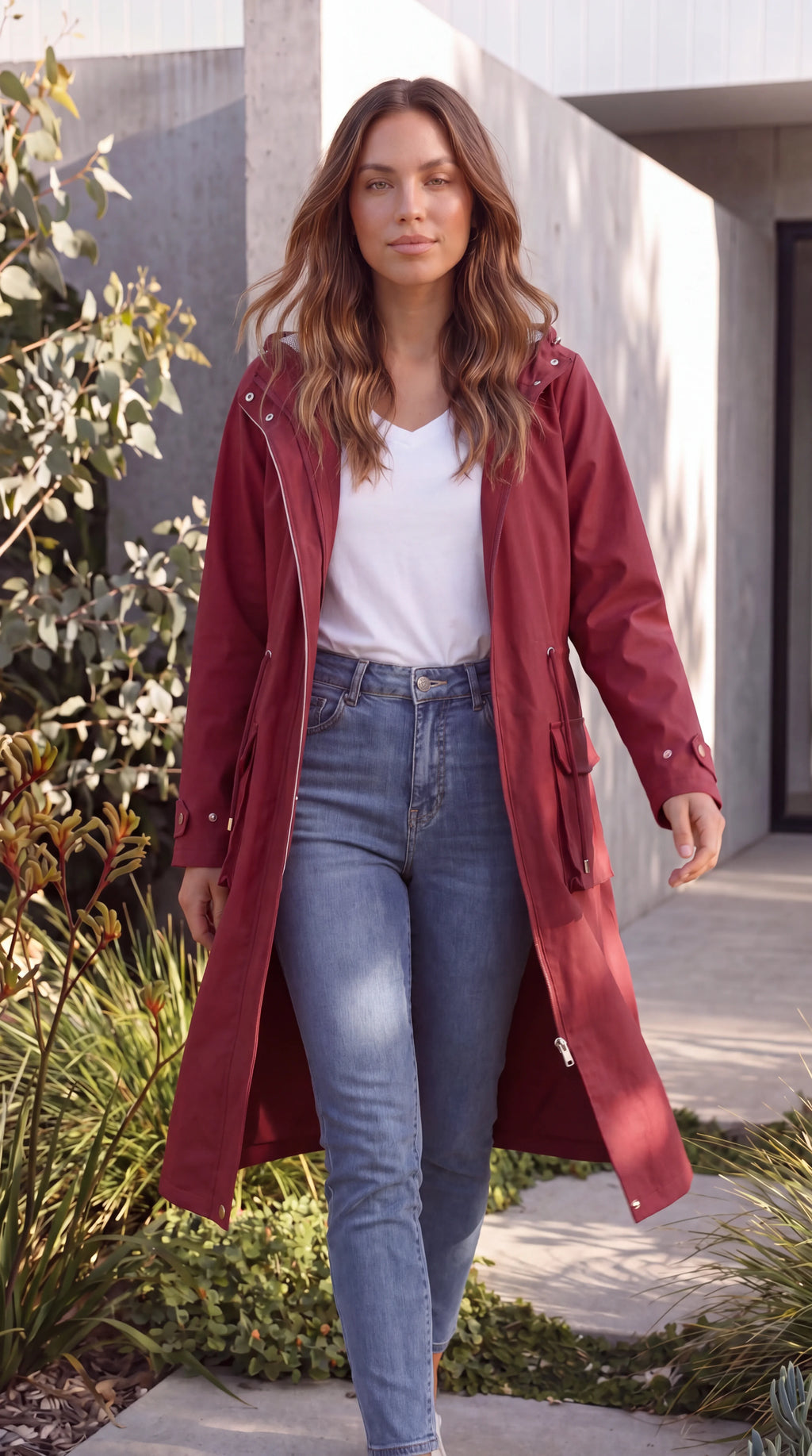 Women's Hooded Zip Up Long Rain Jacket