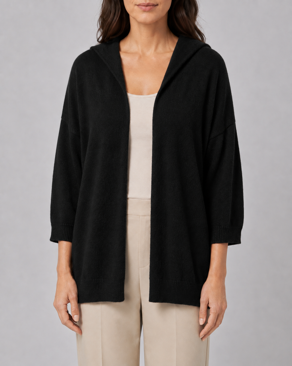 Women's Hooded Open Front Ribbed Knit Cardigan | Relaxed Fit