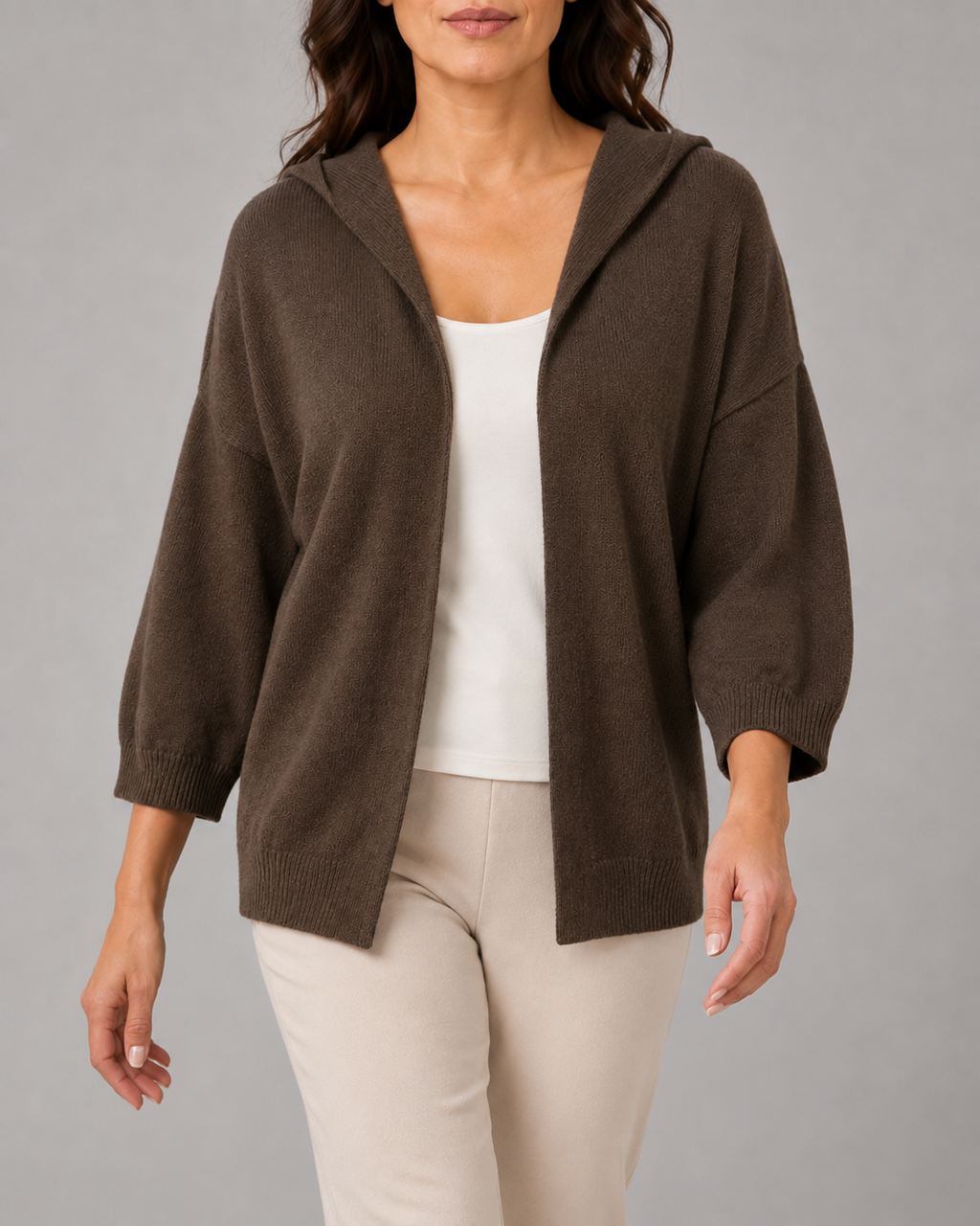 Women's Hooded Open Front Ribbed Knit Cardigan | Relaxed Fit