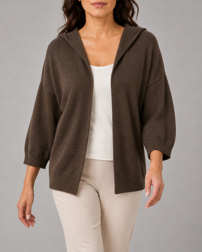 Women's Hooded Ribbed Knit Cardigan with Open Front