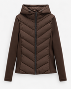 Women's Hooded Quilted Puffer Jacket with Chevron Padding and Zip Front