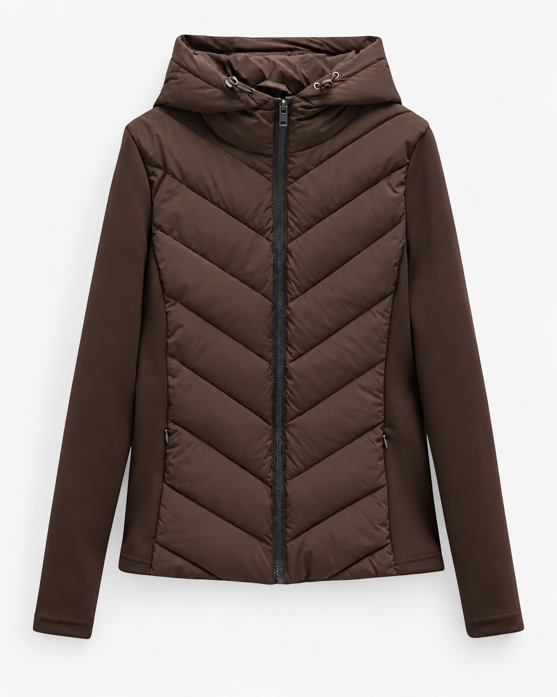 Women's Hooded Quilted Puffer Jacket with Chevron Padding and Zip Front