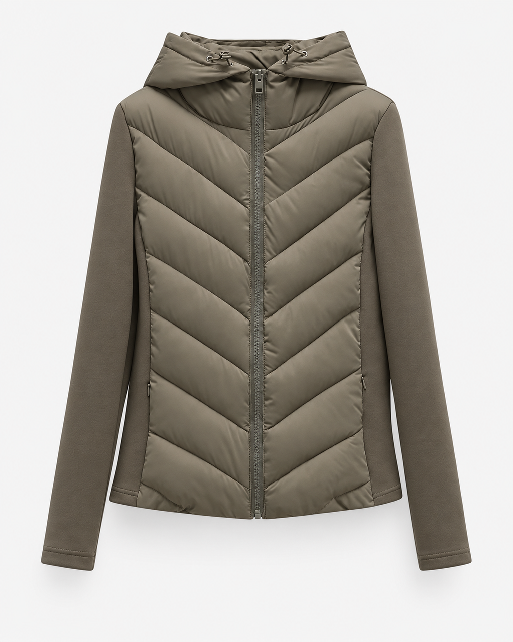 Women's Hooded Quilted Puffer Jacket with Chevron Padding and Zip Front