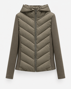 Women's Hooded Quilted Puffer Jacket with Chevron Padding and Zip Front