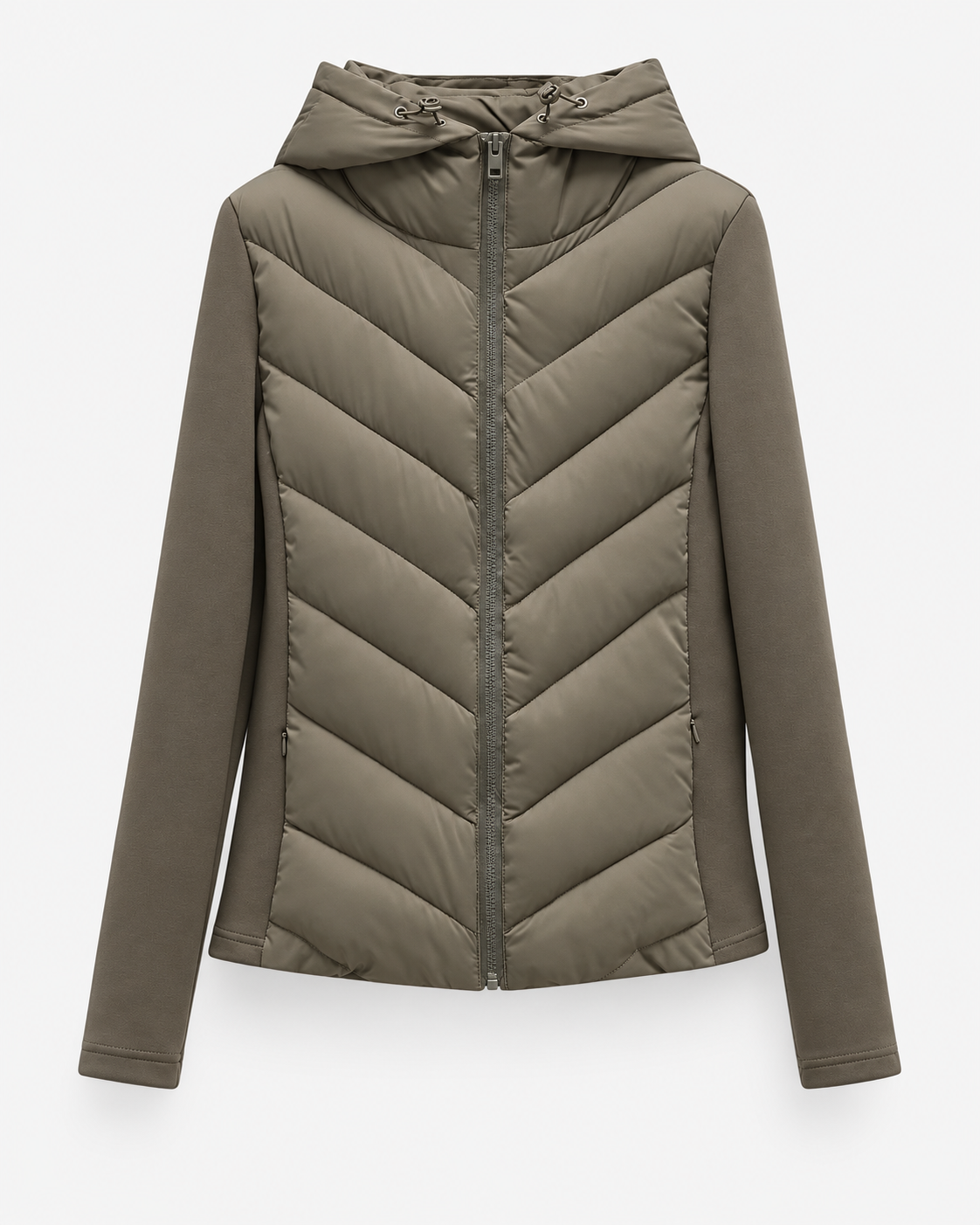 Women's Hooded Quilted Puffer Jacket with Chevron Padding and Zip Front