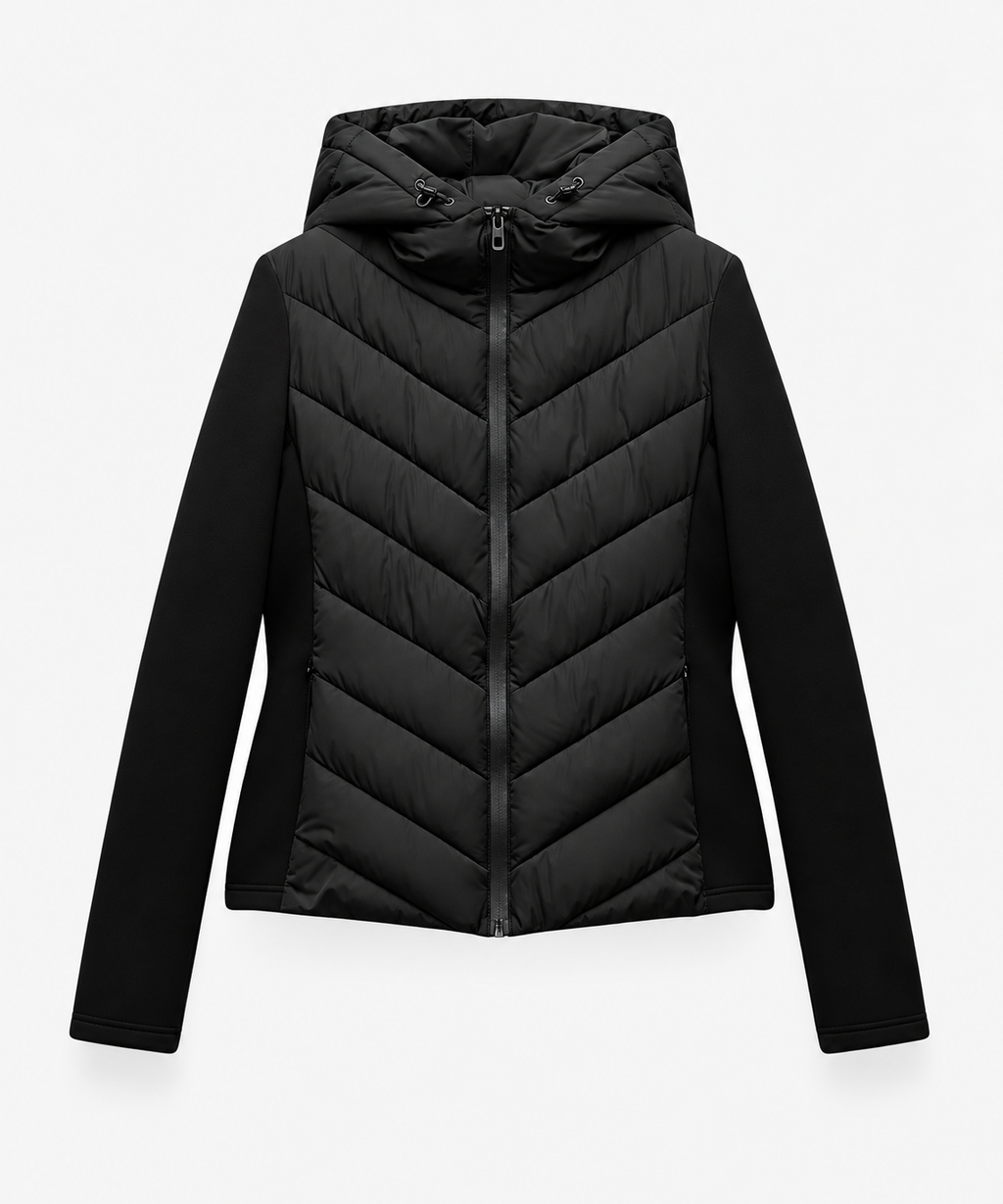 Women's Hooded Quilted Puffer Jacket with Chevron Padding and Zip Front