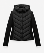 Women's Hooded Quilted Puffer Jacket with Chevron Padding and Zip Front