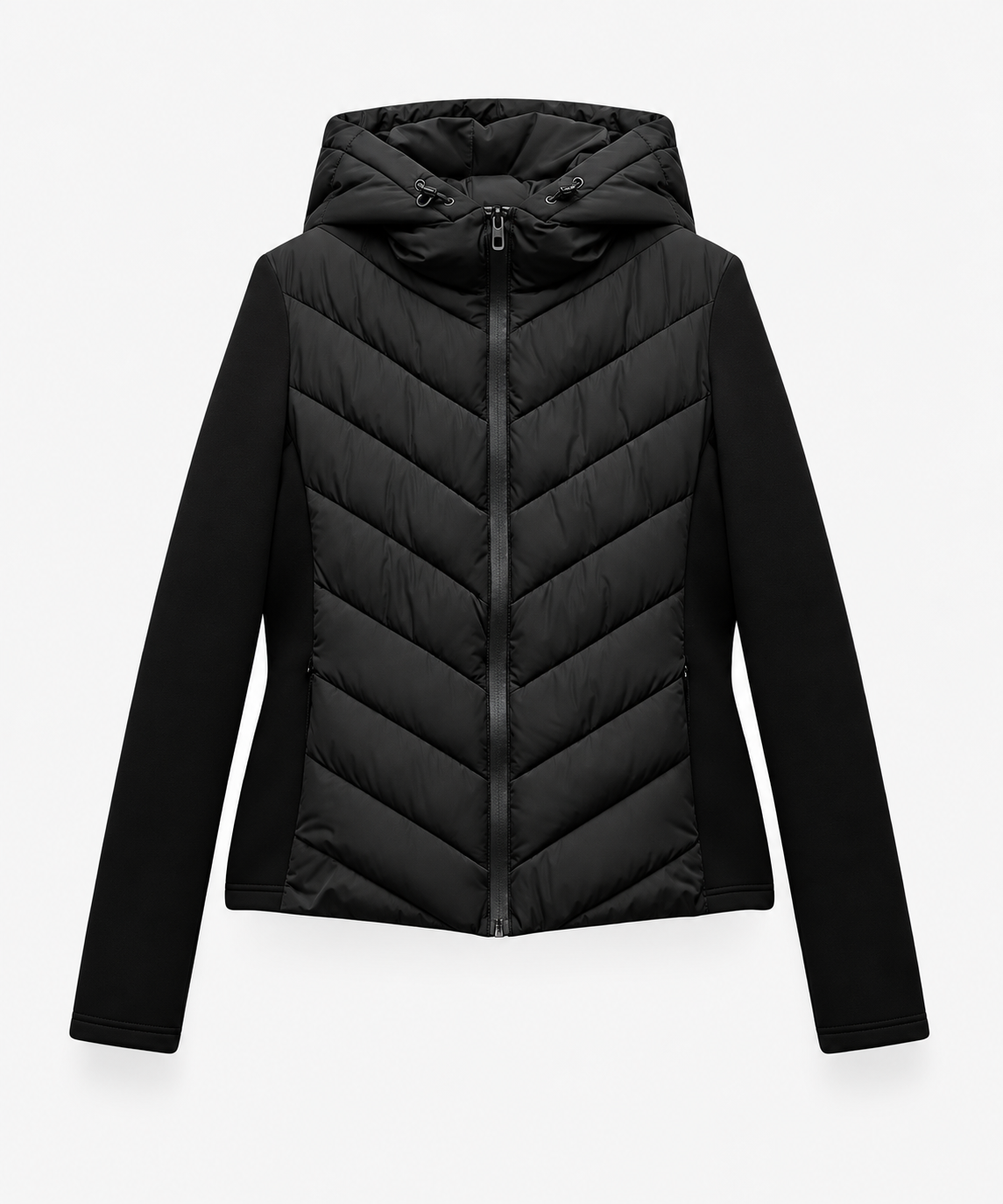 Women's Hooded Quilted Puffer Jacket with Chevron Padding and Zip Front