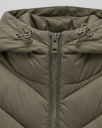 Women's Hooded Quilted Puffer Jacket with Chevron Padding and Zip Front