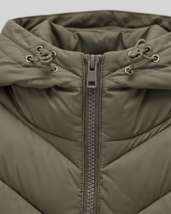 Women's Hooded Quilted Puffer Jacket with Chevron Padding and Zip Front