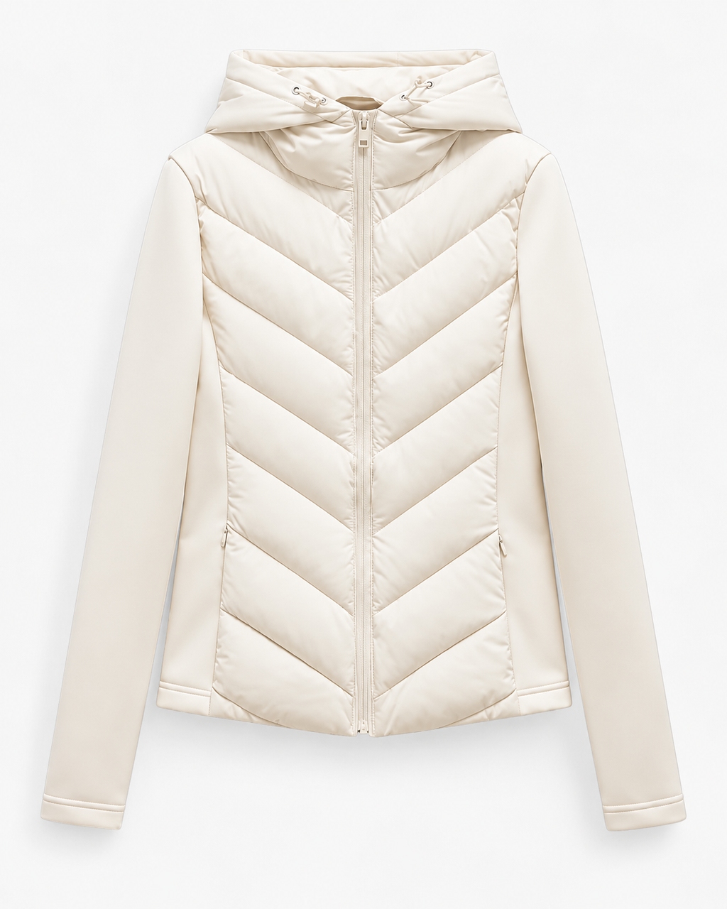 Women's Hooded Quilted Puffer Jacket with Chevron Padding and Zip Front