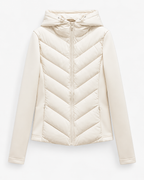 Women's Hooded Quilted Puffer Jacket with Chevron Padding and Zip Front