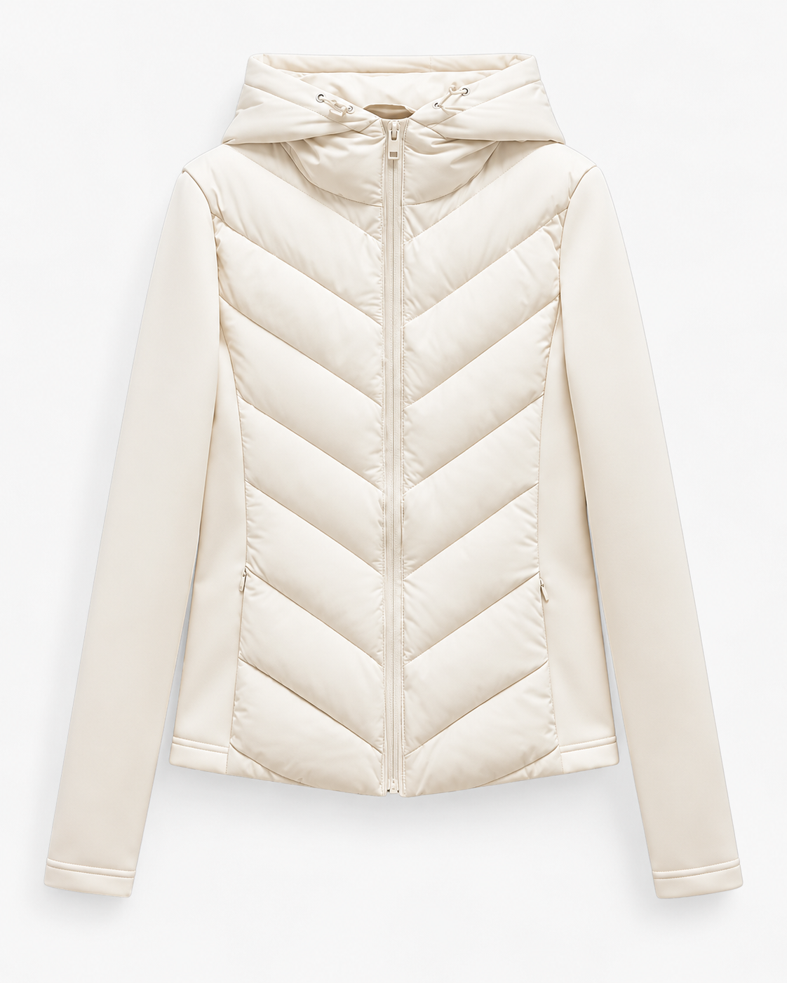 Women's Hooded Quilted Puffer Jacket with Chevron Padding and Zip Front