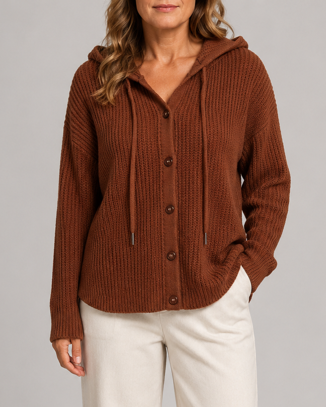Women's Hooded Textured Button Up Knit Cardigan