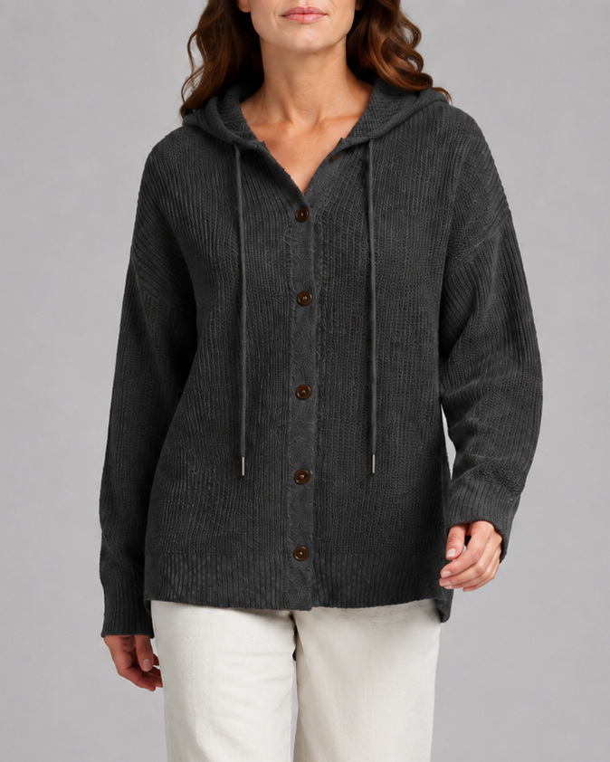 Women's Hooded Textured Button Up Knit Cardigan