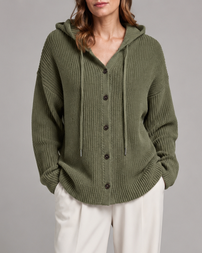 Women's Hooded Textured Button Up Knit Cardigan