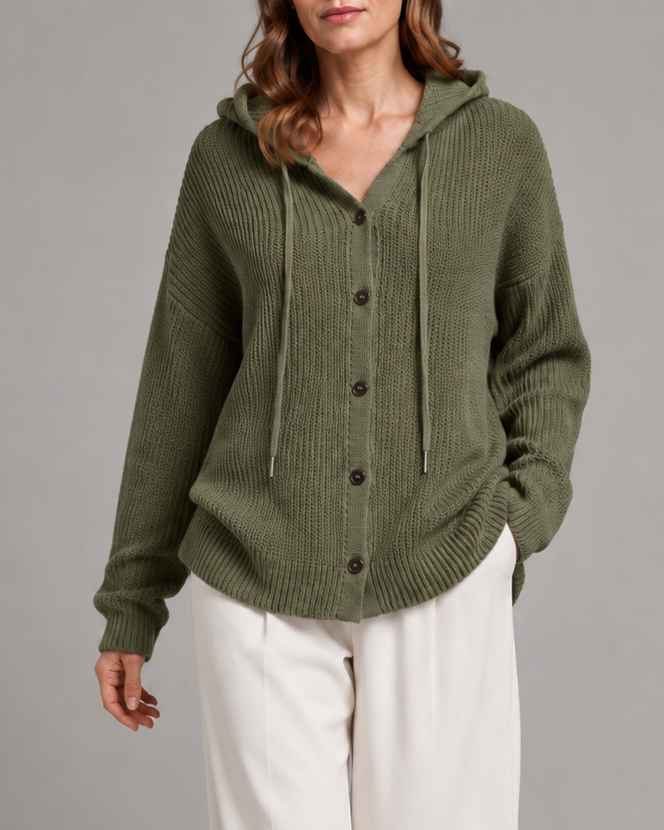 Women's Hooded Textured Button Up Knit Cardigan